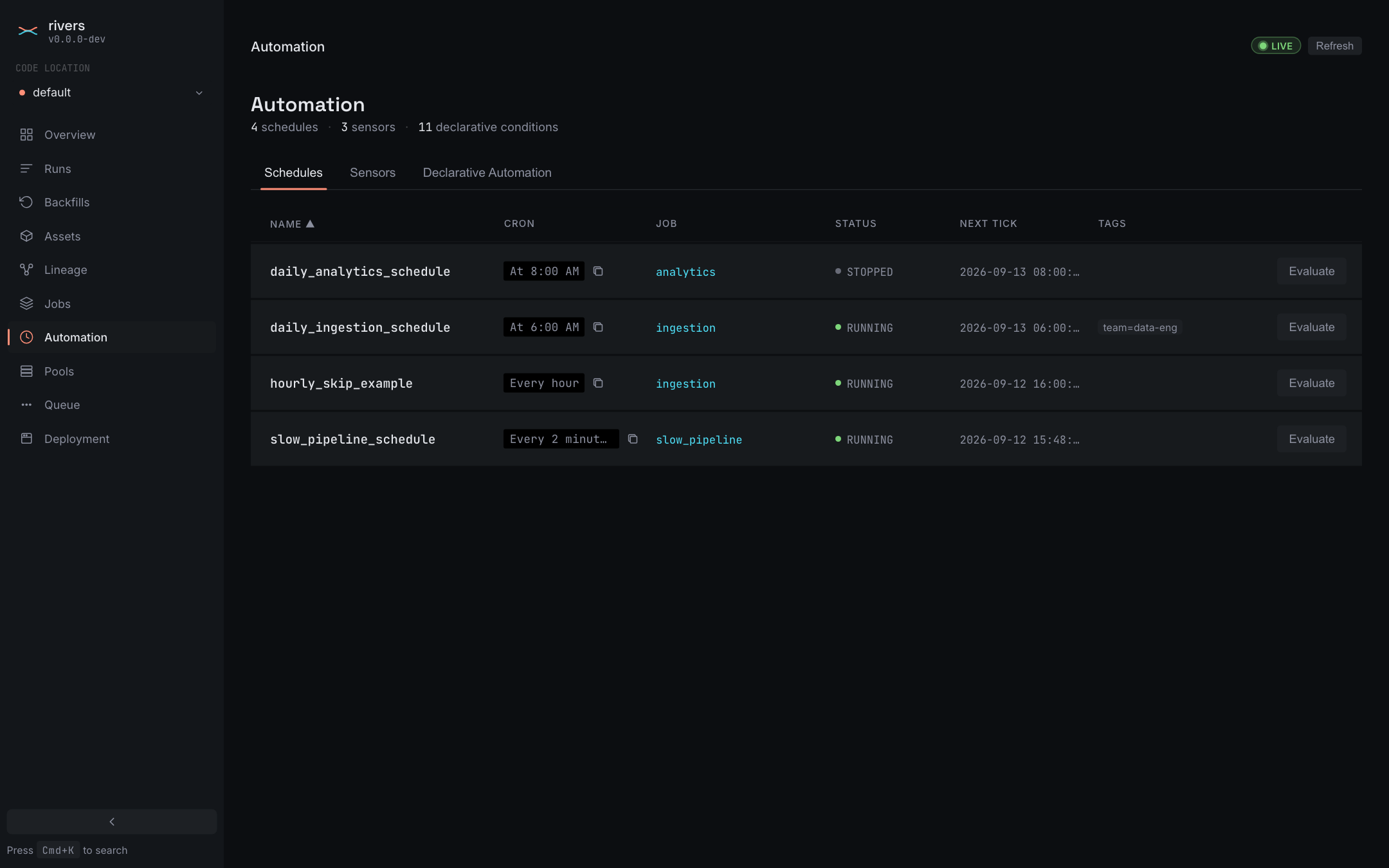 The rivers web UI, Automation page