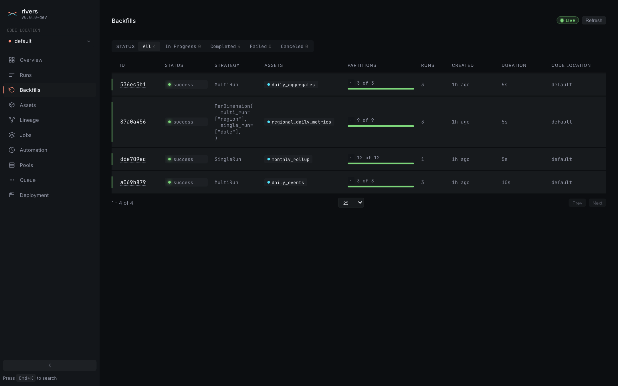 The rivers web UI, Backfills page