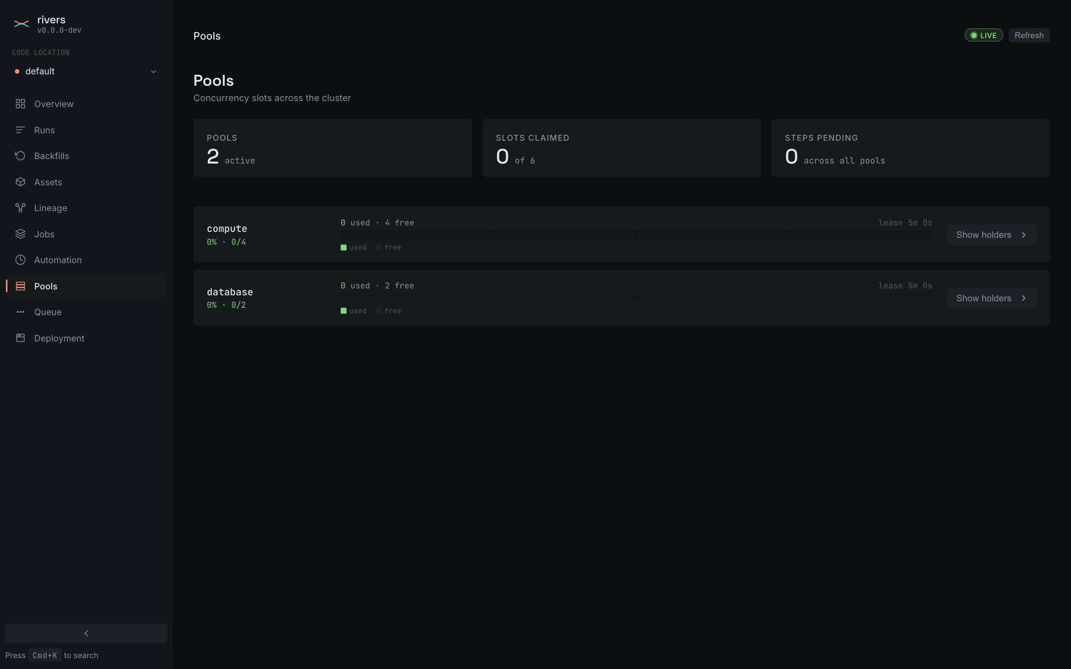The rivers web UI, Pools page