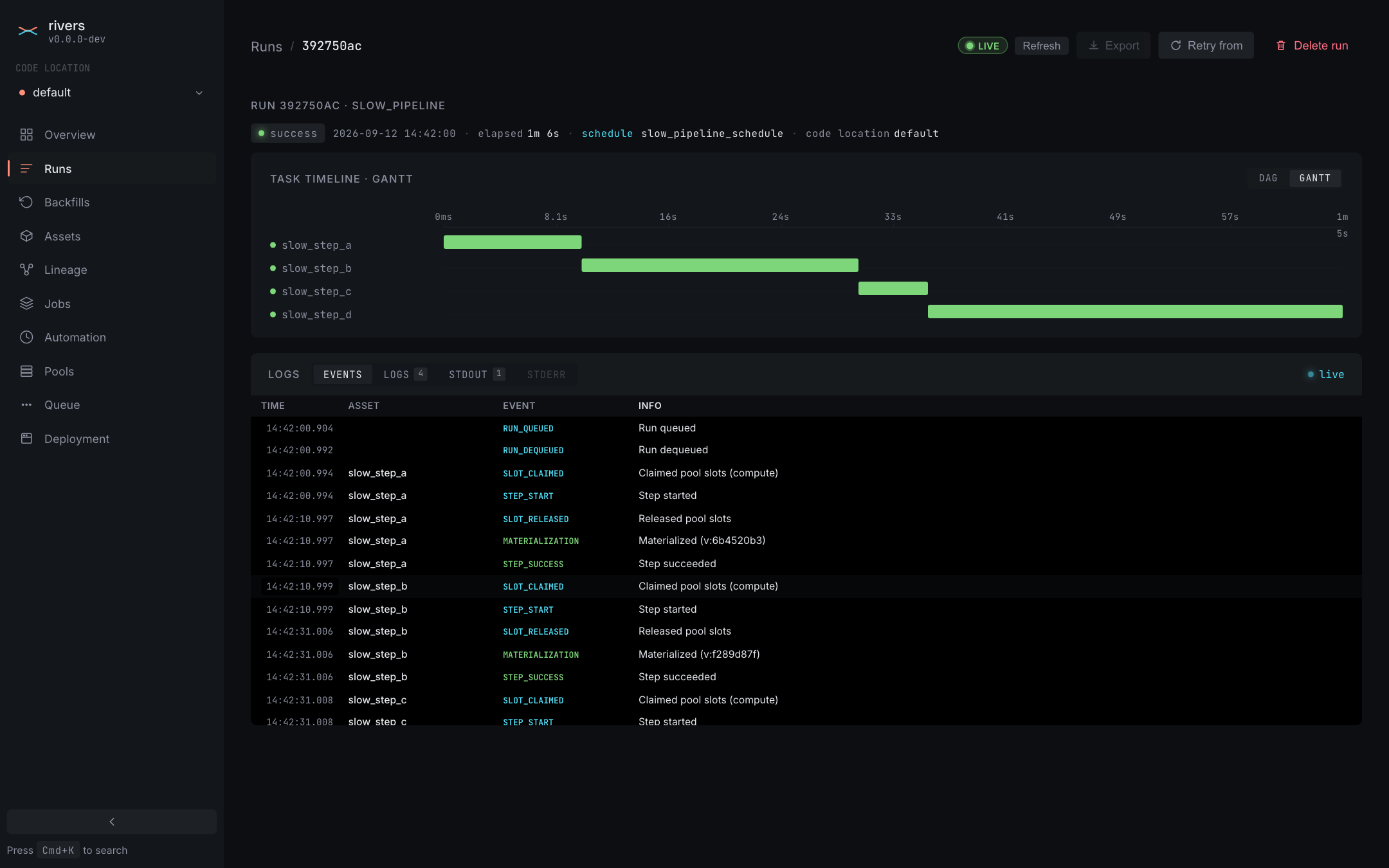 The rivers web UI, Run detail page