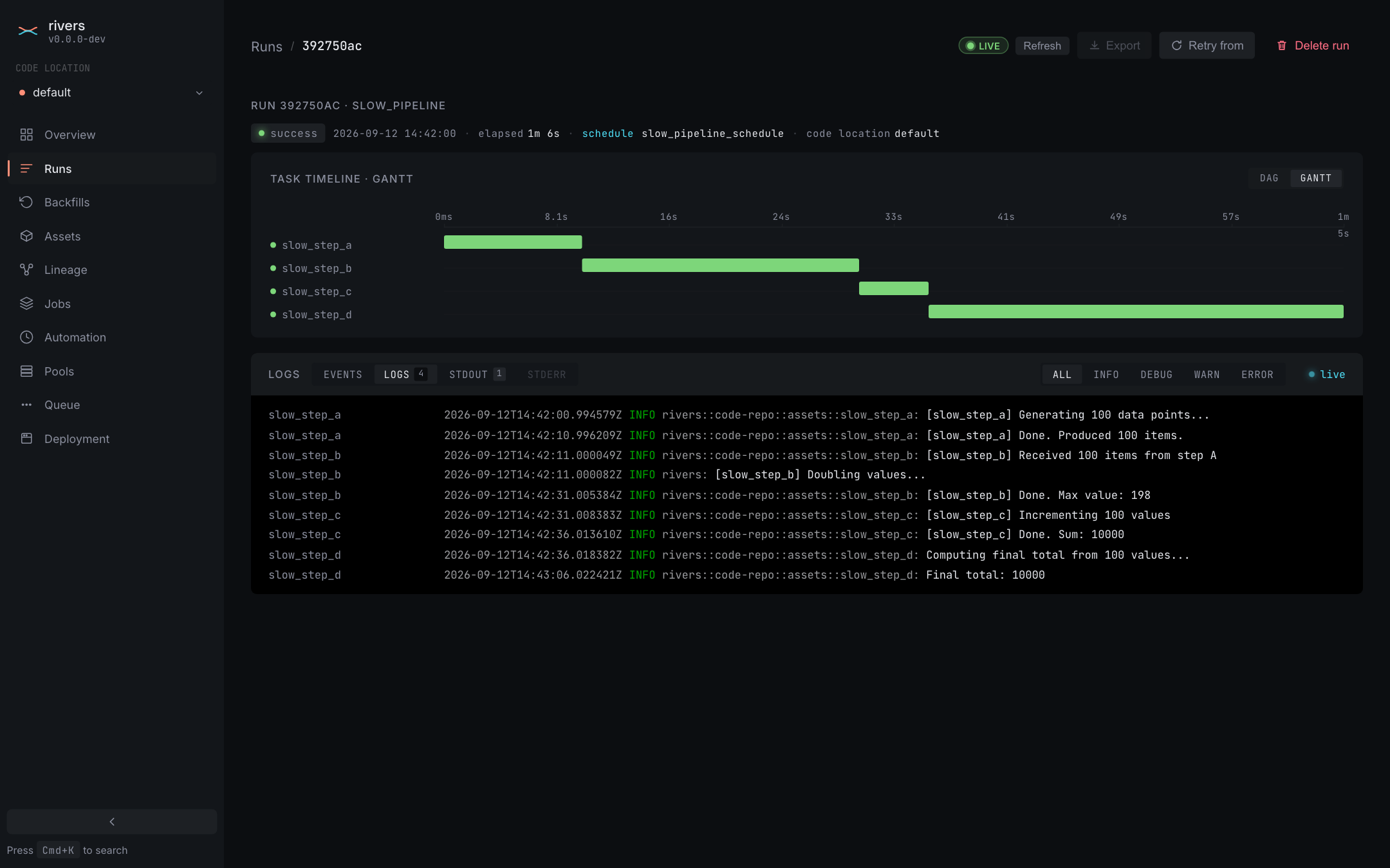 The rivers web UI, Logs page