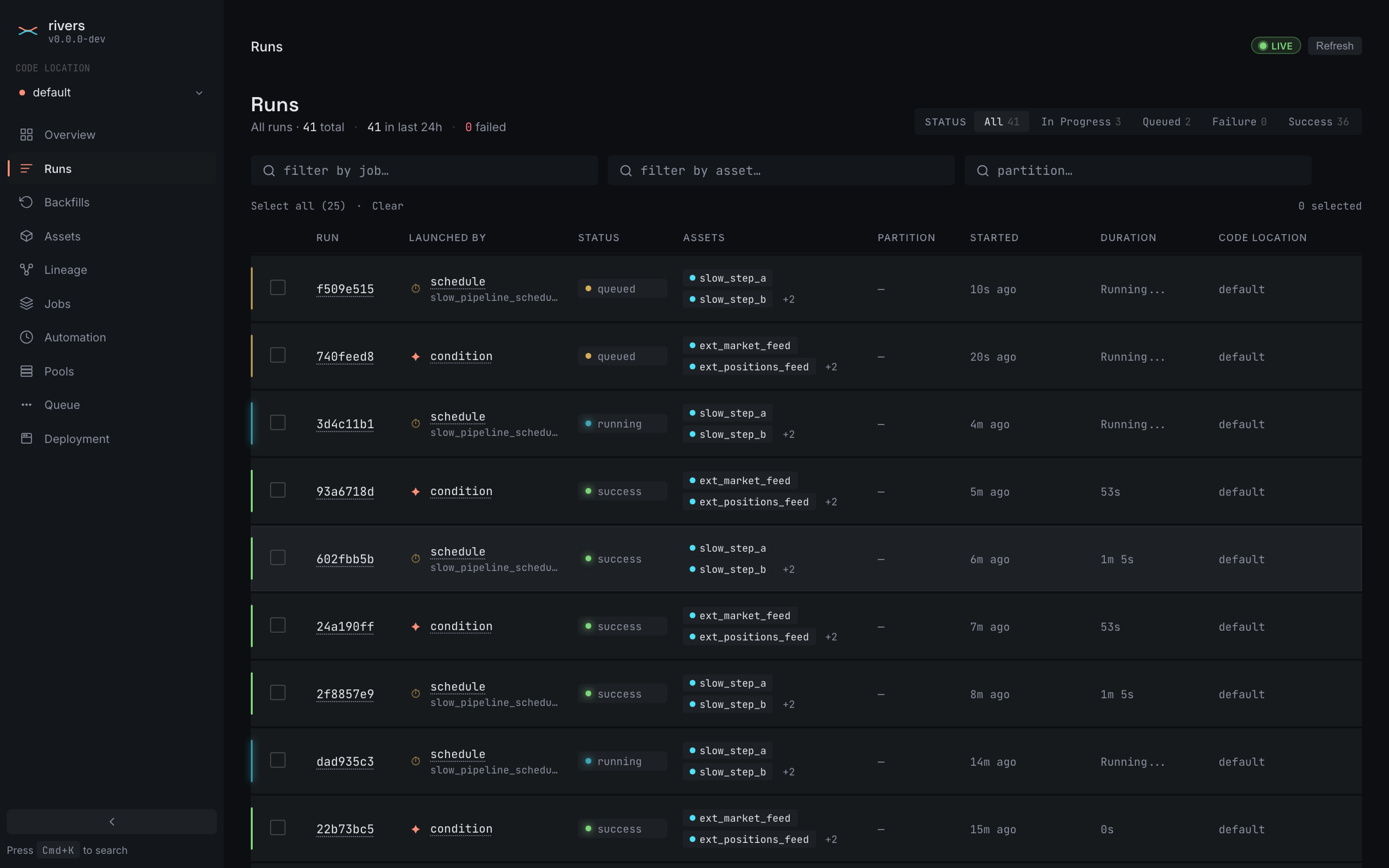 The rivers web UI, Runs page